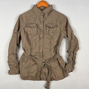 CAbi Utility Sahara Jacket 100% Linen Khaki Brown #856 Size M Button Front Belt